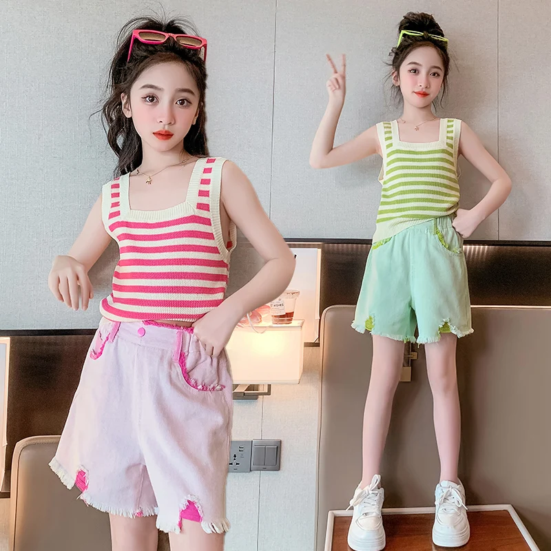 

Baby Girl Top+Bottom Clothes Set Teen Girl 2-Pcs Of Casual Suits Kid Vest+Shorts Sets Sweetheart Summer Suits Toddle Size 4-14Y