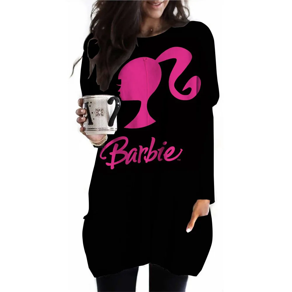 2024 women\'s pullover Barbie princess print color blocked long sleeved T-shirt top, fashionable and simple women\'s long top