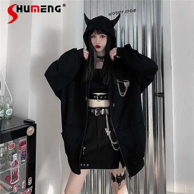 Herbst Frauen Harajuku Punk Gothic Mädchen Schwarz Teufel Horn Hoodies Sweatshirt Mit Kapuze Japanische Hip Pop Plus Größe Top Y2k Kleidung