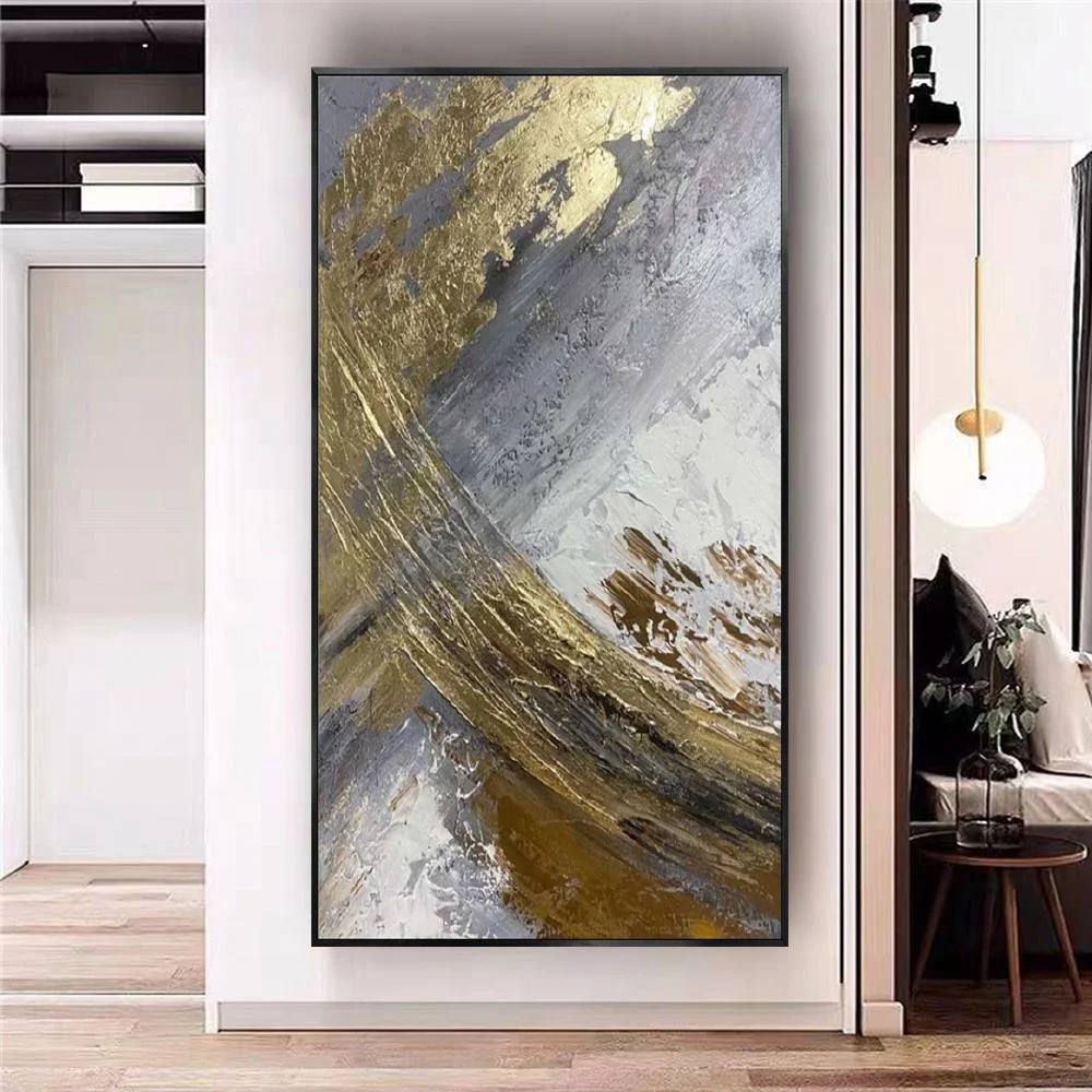 

Large Deluxe Gold Canvas Poster Hand-Painted Abstract Oil Painting Exhibits Wall Art Picture For Living Room Home Decor Mural