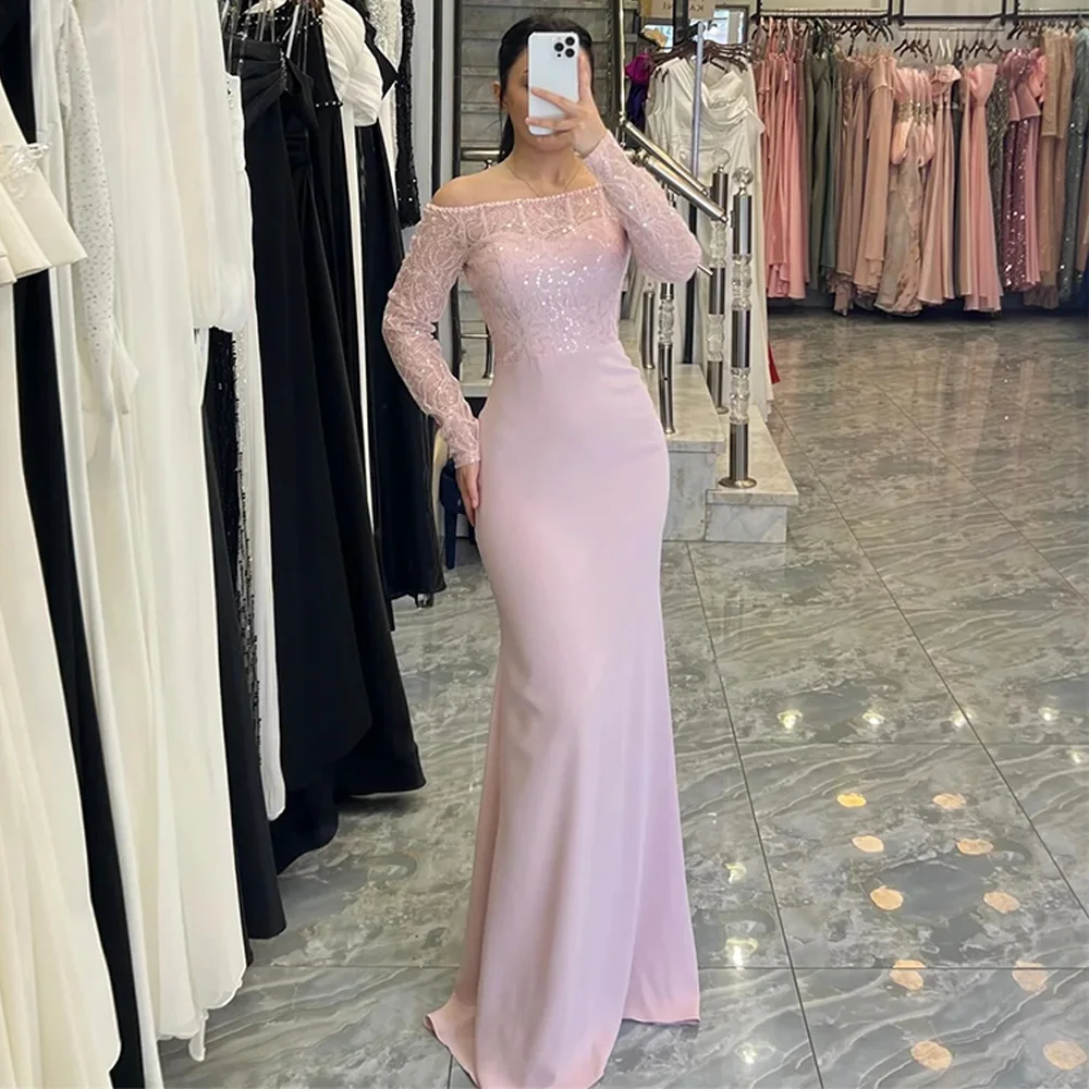 

Customized Delicate Pink Jersey Evening Dress Off the Shoulder Long Sleeves Party Gowns Elegant Mermaid Beading Celebrity Dress
