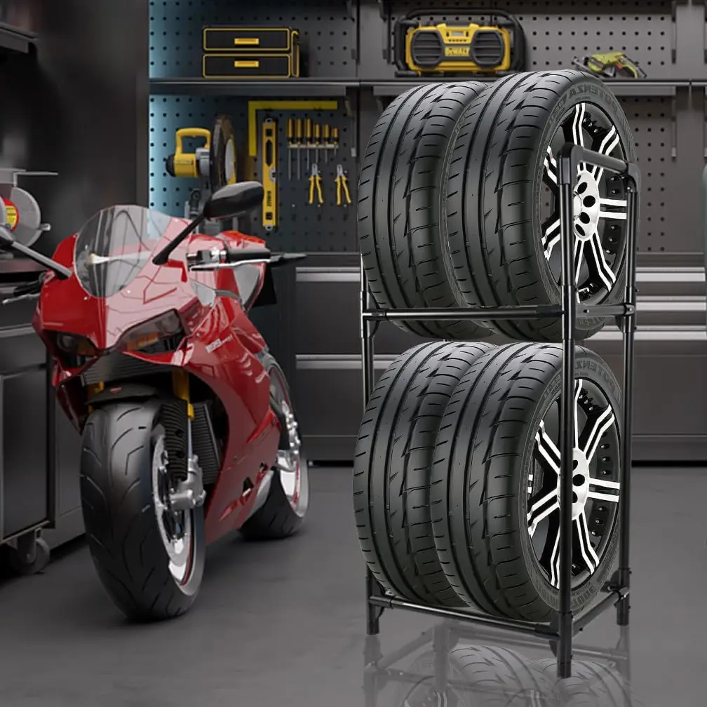 رف تخزين الإطارات منظم رف المرآب للاستخدام الداخلي والخارجي - أسود، 22.51 بوصة × 14.16 بوصة × 45.11 بوصة #2