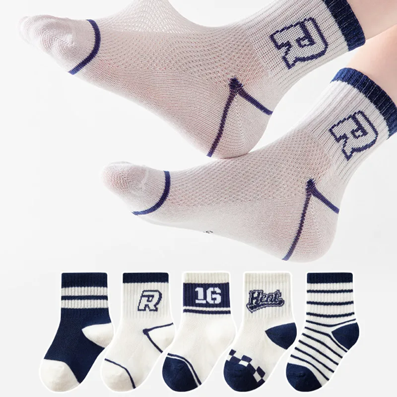 

Fashion R Letter Baby Socks 5 Pairs Summer Mesh Breathable Boy Girl Stripe Middle Tube Socks 0-12 Years Kids Casual Sports Socks