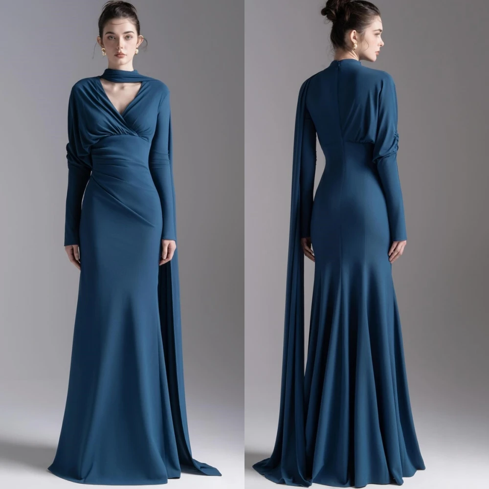 

Customized Delicate V-Neck Jersey Evening Dress Elegant Mermaid Long Sleeves Prom Dresses Modern Sweep Train Homecoming Dress