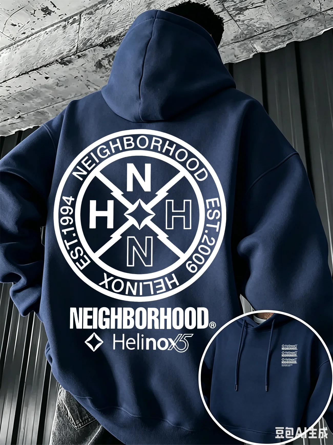 Lockerer Herren-Kapuzenpullover, Winter-Frühling, gefütterte Version, kreisförmiger Print im japanischen Stil, lässiger Streetwear-Hoodie. – Detail 11