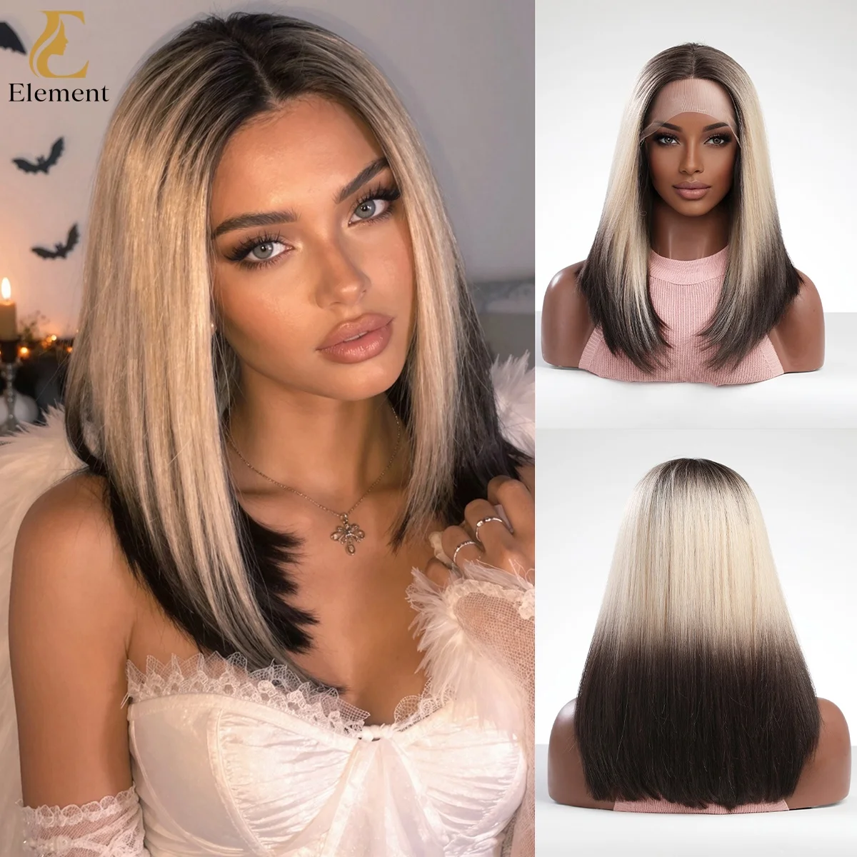 13x5x1 T Part Lace Front Wig Ombre Brown To Blonde Long Straight Synthetic Heat Resistant Natural Wig for Women Halloween Party