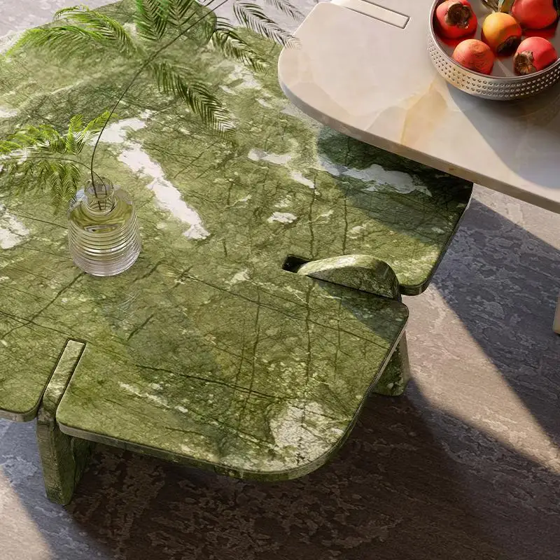 Designer Natural Marble Coffee Table Set, Italian Minimalist High-Low Nesting Tables for Small Space, Heat & Scratch Resistant