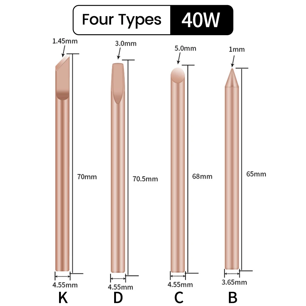 4pcs External Heat Solder Iron Tip B C D K Pure Copper Solder Head 30W 40W 60W Replacement Tip Welder Repair Tools