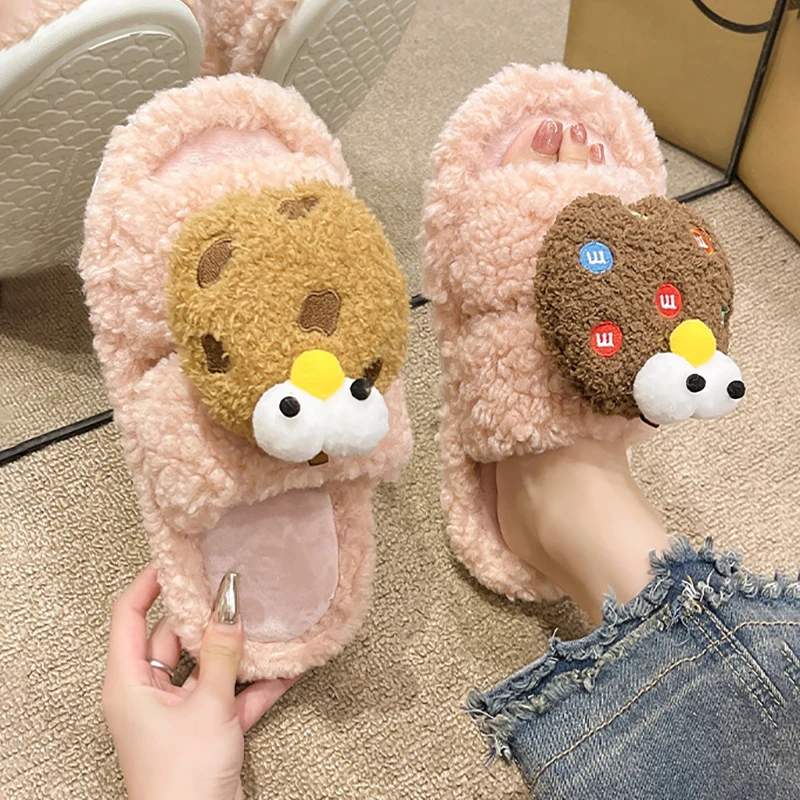 

Fluffy Slippers Women Home Plush Cartoon Designer Shoes Girls 2024 Fashion Casual Platform Indoor Fur Slides Flats Warm Open Toe