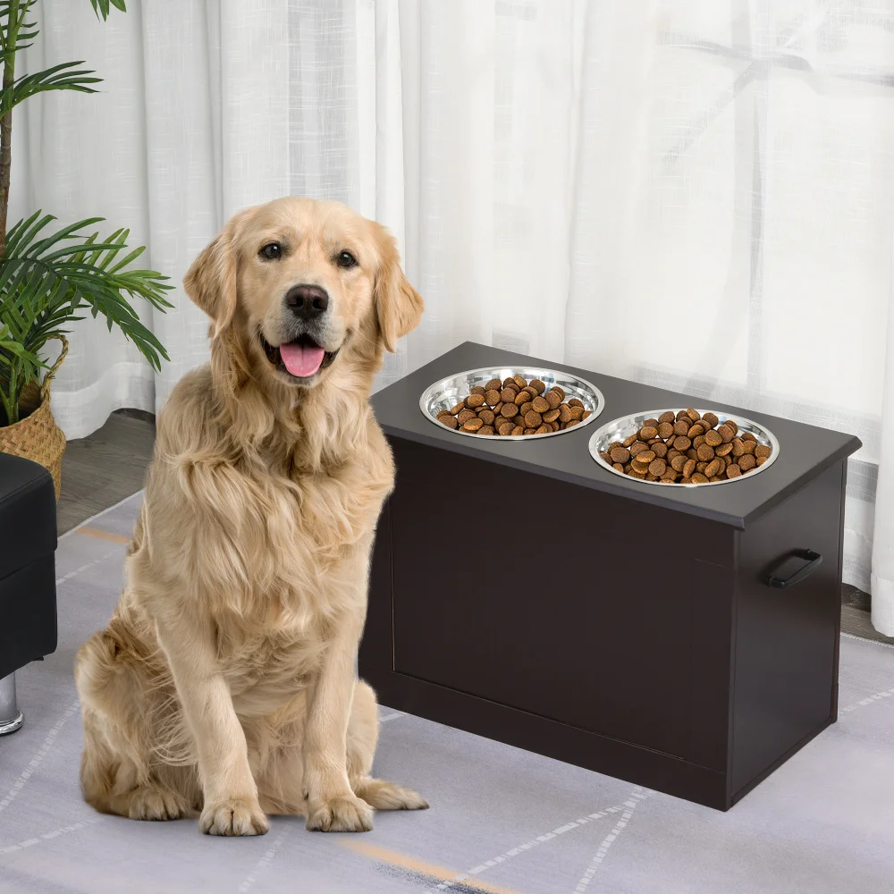 PawHut Raised Pet Feeding Storage Station with 2 Stainless Steel Bowls Base for Large Dogs & Other Large Pets, Dark Brown