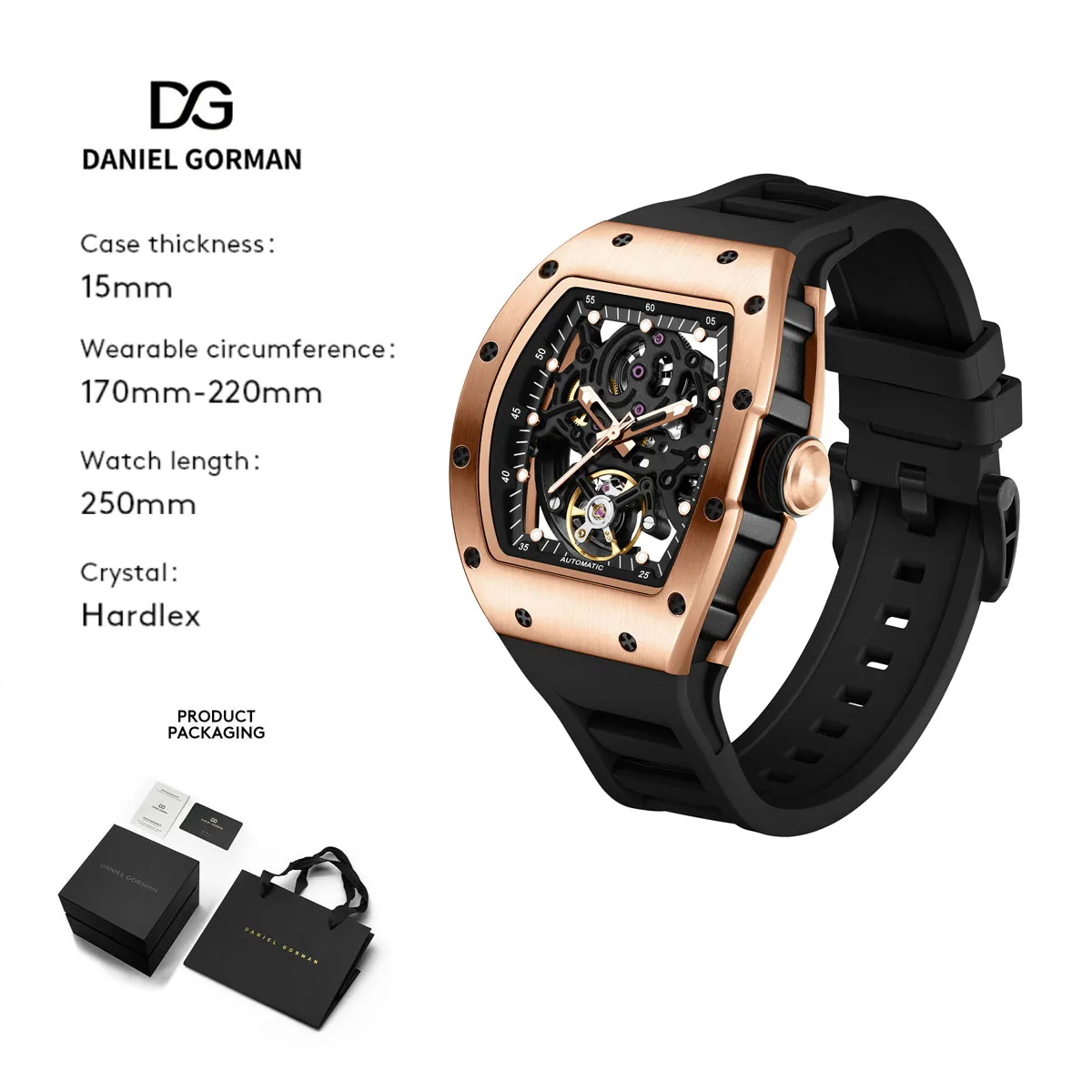 

919012 Luxury Men's Rectangle Automatic Watch Fashion Skeleton Mechanical Wristwatch Tonneau Design
