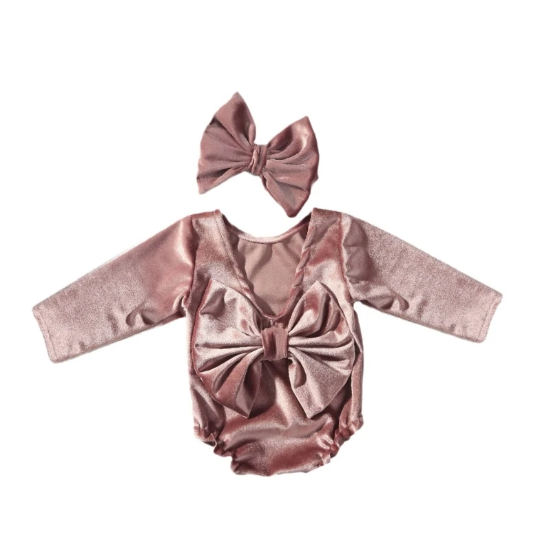 

Baby Girls Triangular Bodysuit Big Bowknot Back Romper and Matching Hairband Headband Props for Newborns Photoshoots