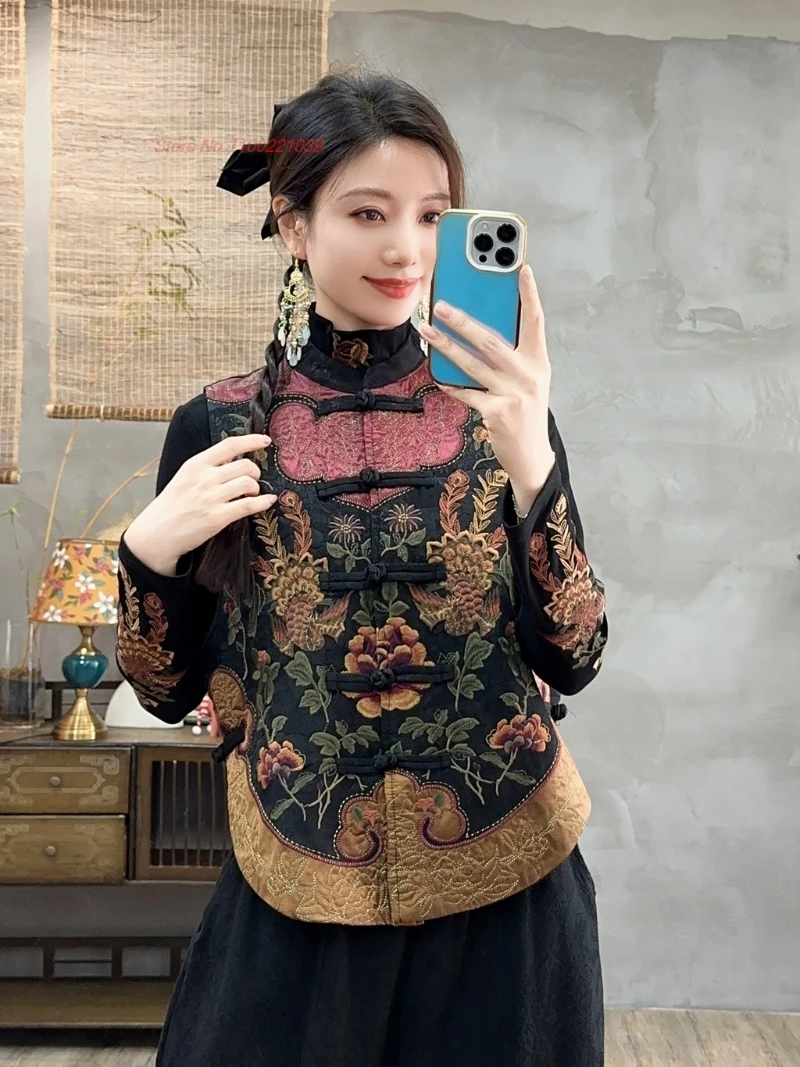 2024 chinese vintage vest national flower embroidery cotton-padded vest traditional hanfu tops ethnic vest sleeveless jacket