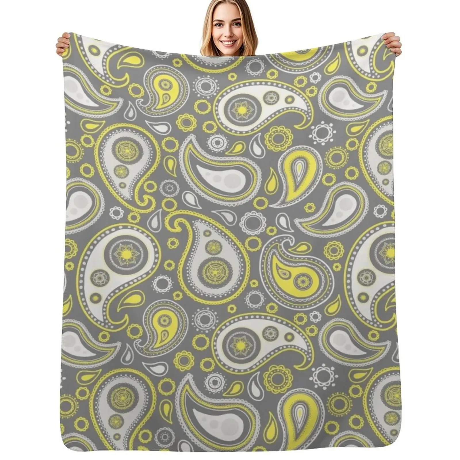 

Yellow and grey paisley pattern Throw Blanket Multi-Purpose Decorative Sofa Decoratives Blanket