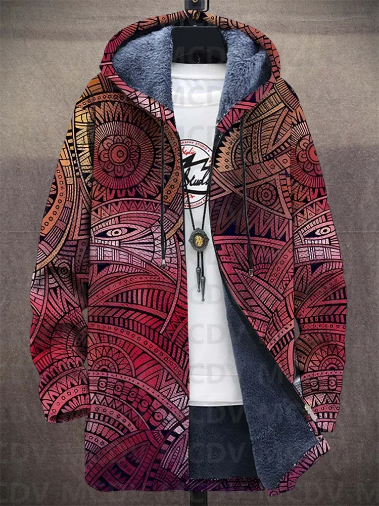 Unisex Retro Ethnic Pattern Print Plush Thick Long-Sleeved Sweater Cardigan Coat