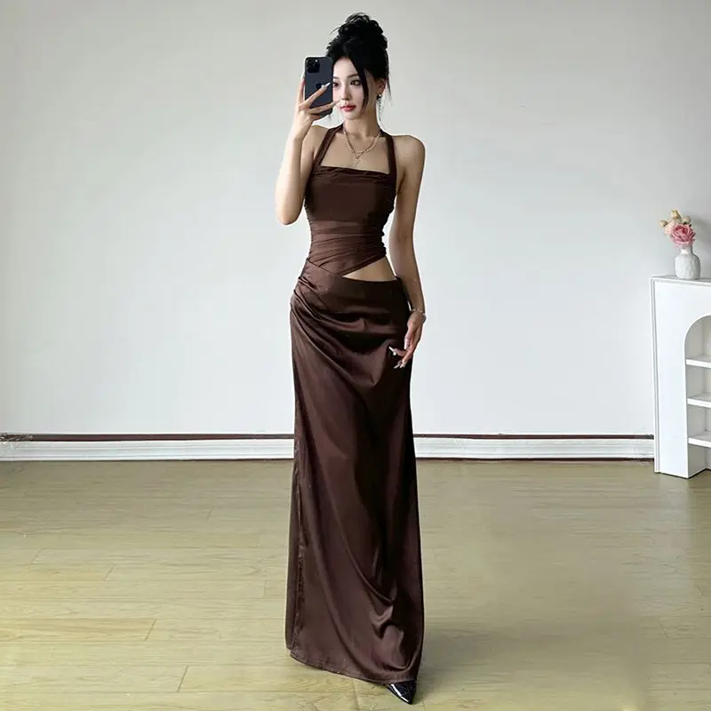 

French Style Sexy Asymmetric Backless Halter Strap Dress Long Dress Ruched Slim Fit Hot Girl Dress