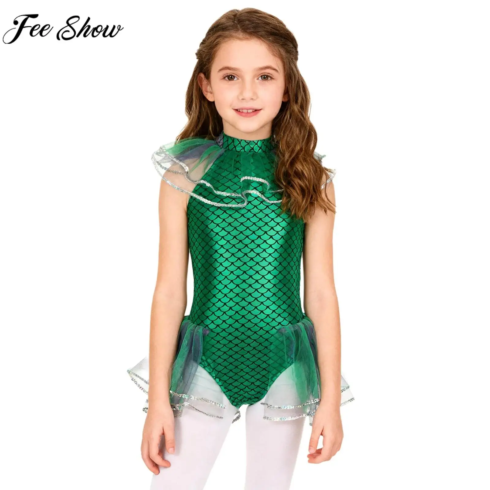 أطفال بنات حورية البحر ارتداءها لامعة قشور السمك طباعة الترتر شبكة توتو يوتار مع أكمام أذرع تبريد هالوين كرنفال تأثيري حلي