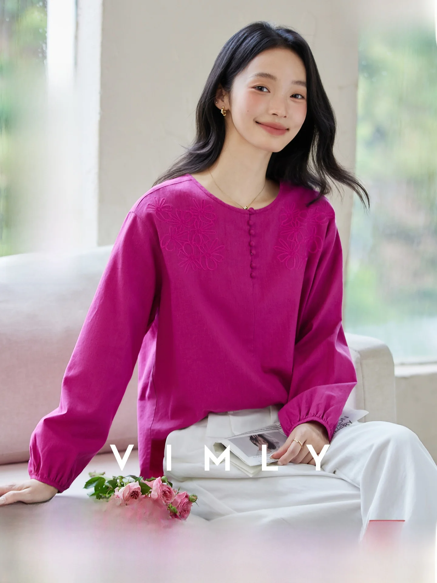 

Casual Sle Embroidered round Ne Long Sve Cotton Linen Blend irt Women's Regular Fit Straight Tube Top Quali Faion