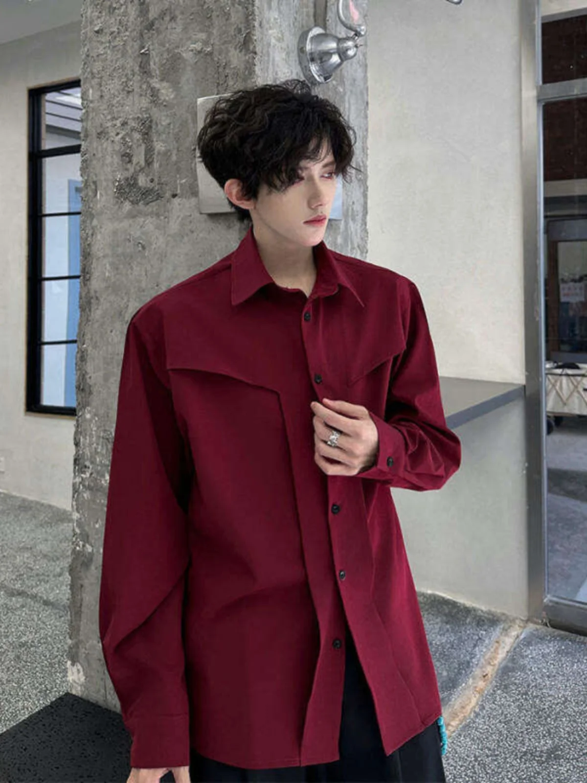 

Cleanfit Wine Red Deconstructed Men's Long Sve irt American Retro Sle Spring Autumn High Sensation Cool Outerwear