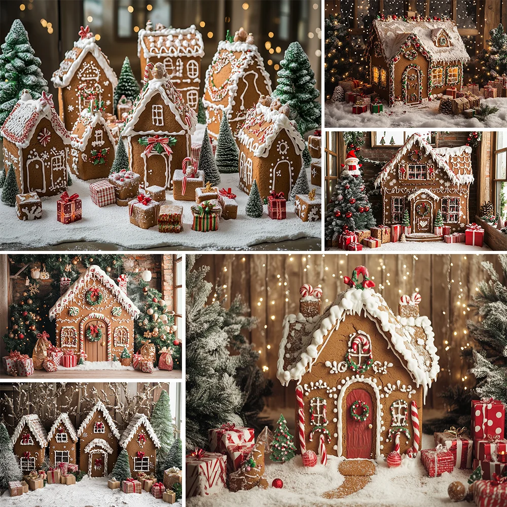 

Snowy Gingerbread House Photography Background Glitter Xmas Tree Lantern Gift Backdrop Booth Kid Winter Birthday Portrait Studio