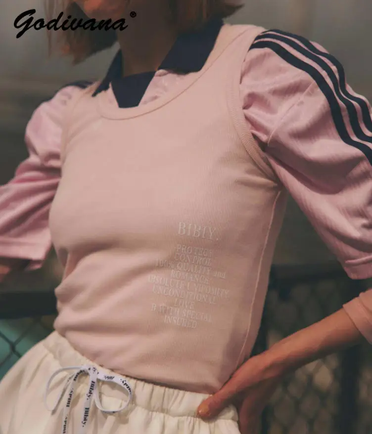 Japanese Style New Summer Round Neck Letter Embroidery Stretch Tank Top Simple Casual Female Threaded Vest