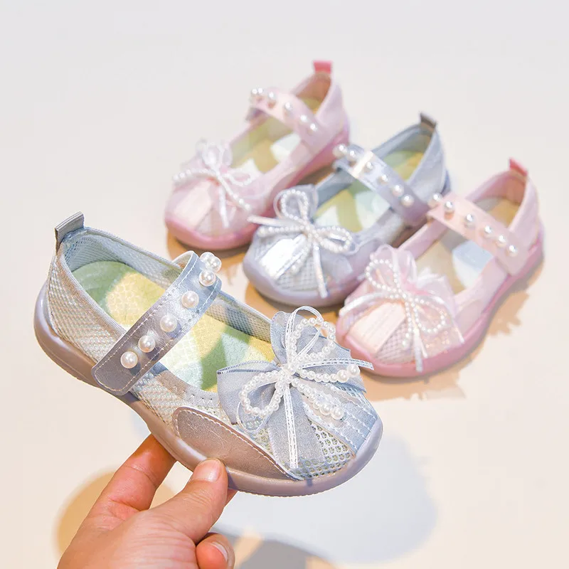 Girls Fashion Beaded Bow Decorated Casual Sneakers 2026 Spring and Summer New Children's Mesh Breathable Soft Sole Sneakers