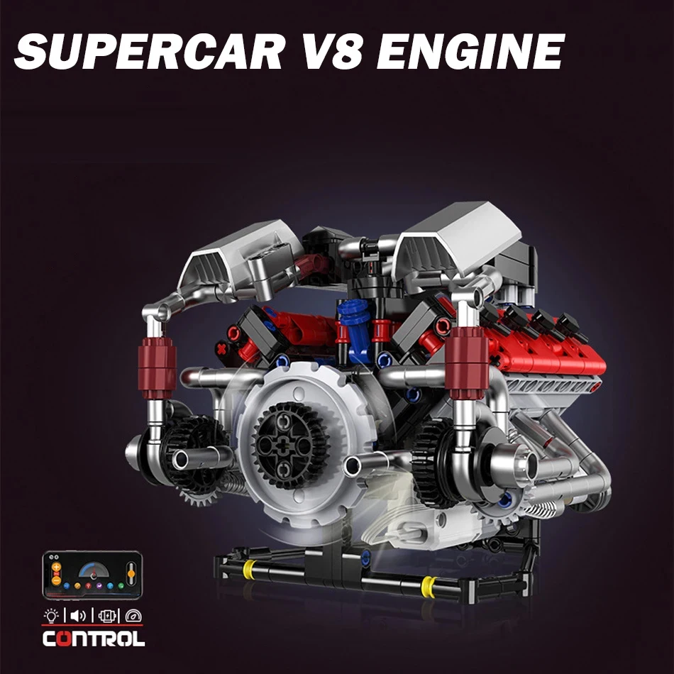 MOC Technische Supercar Gemotoriseerde FLM V8 Motor Bouwstenen Auto Deel Elektrisch Aangedreven Motor Bakstenen Montage Speelgoed Kid Gift
