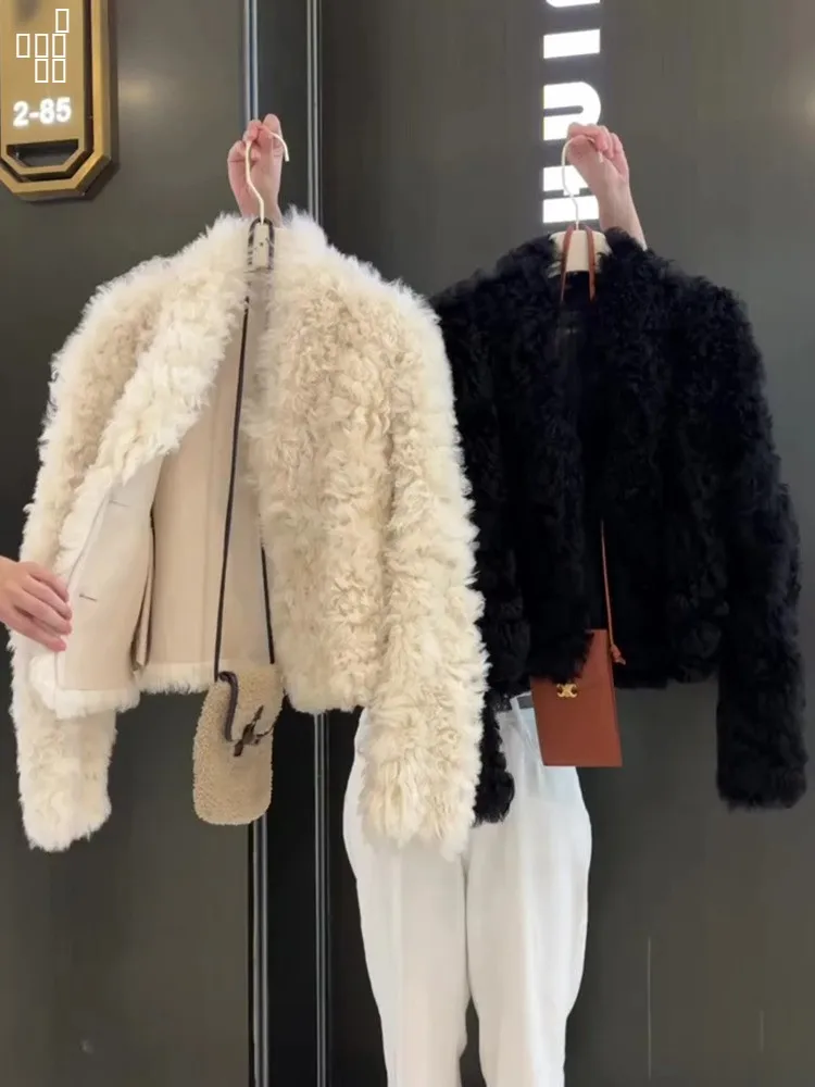 Casaco Feminino Americano Retrô de Couro e Pele de Cordeiro, Novo Lançamento de Inverno Ele Aosphere