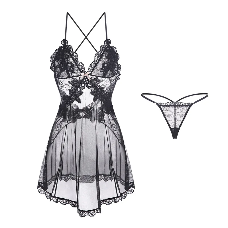 

Plus Size Sexy Deep V Backless Sheer Mesh Pure Desire Slip Dress Lingerie Set Roleplay Nightwear Women 1899