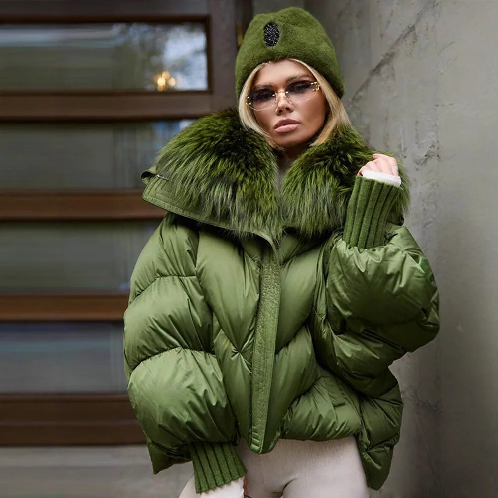 FL, abrigos acolchados con cuello de piel verde para mujer, abrigo holgado de algodón de manga larga con bolsillos y cremallera, chaquetas cálidas de invierno para mujer 2025