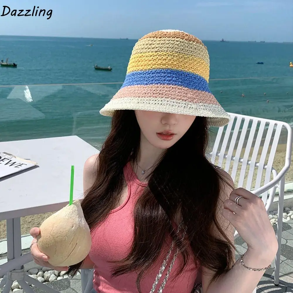 

Foldable Shade Sun Caps Rainbow Straw Hat Stripe Weave Sunscreen Bucket Hat Wide Brim Sunscreen Beach Fisherman Hat Travel