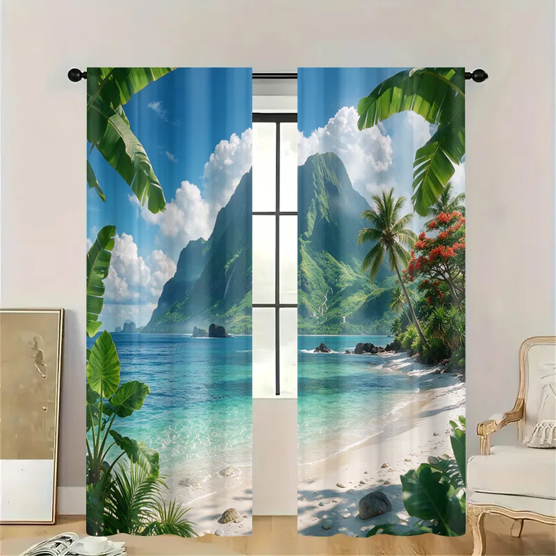 Tropical Beach Paradise Curtains Ocean View Window Drapery Coastal Seaside Scene Home Decor Curtain Rod Window Treatment Semi Sh