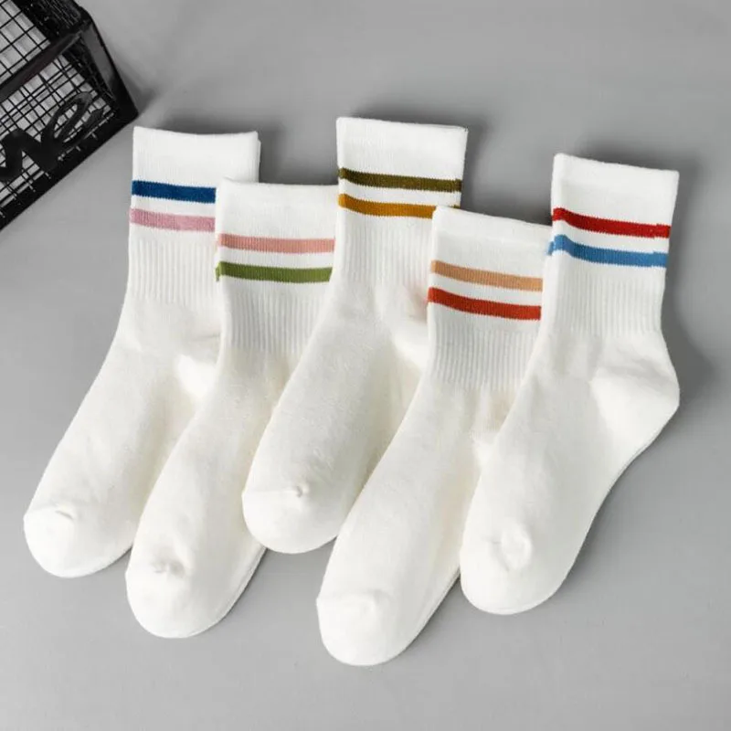 5 Pairs Women's Comfortable Socks Striped Spring Autumn Funny Mid-tude Solid Color Ins Breathable Sweating Absorption Soft Sock