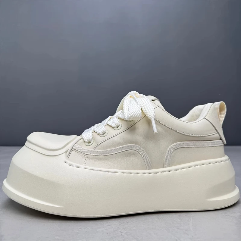 Genuine Leather White Wide Version Shoes for Men's Japanese Original Casual Board Shoes Thick Sole Height Increasing Bread Shoes