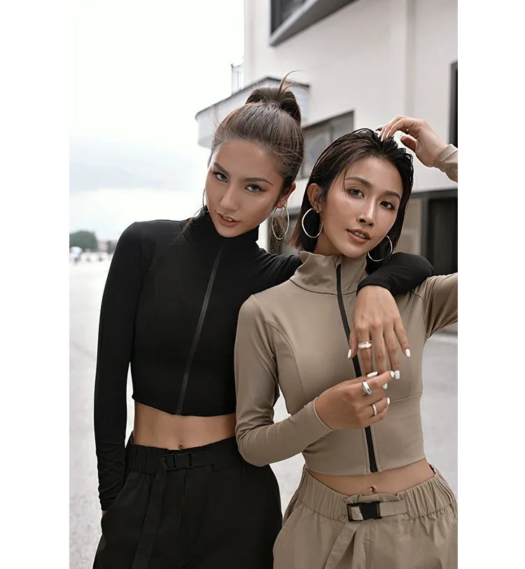 

Womens' Zip Crop Top Yoga Long Sleeve Push Up Zipper Sportswear High Collar Training Clothing Out Wear Fitness Jacket