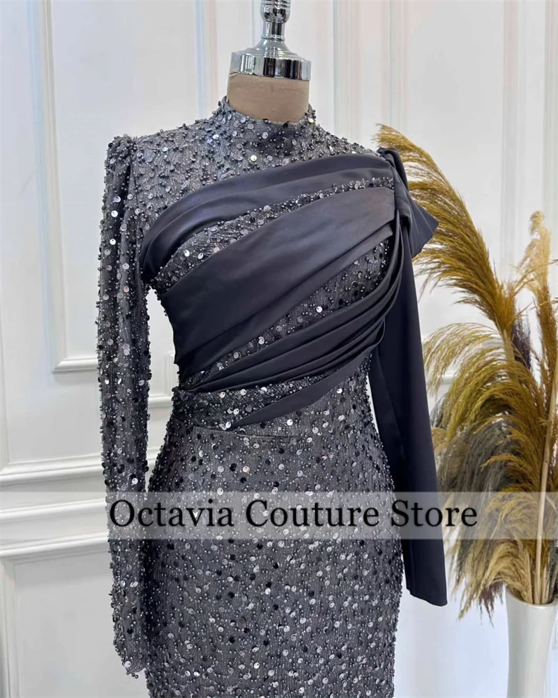 Robe de soirée à paillettes brillantes, col haut, manches longues, longueur au sol droite avec plis, robes de soirée de mariage personnalisées pour femmes