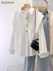 DUOJIHUI-Camisa blanca de manga larga para mujer, camisa informal holgada con cuello de Polo y botones, Color puro, S-XL Simple