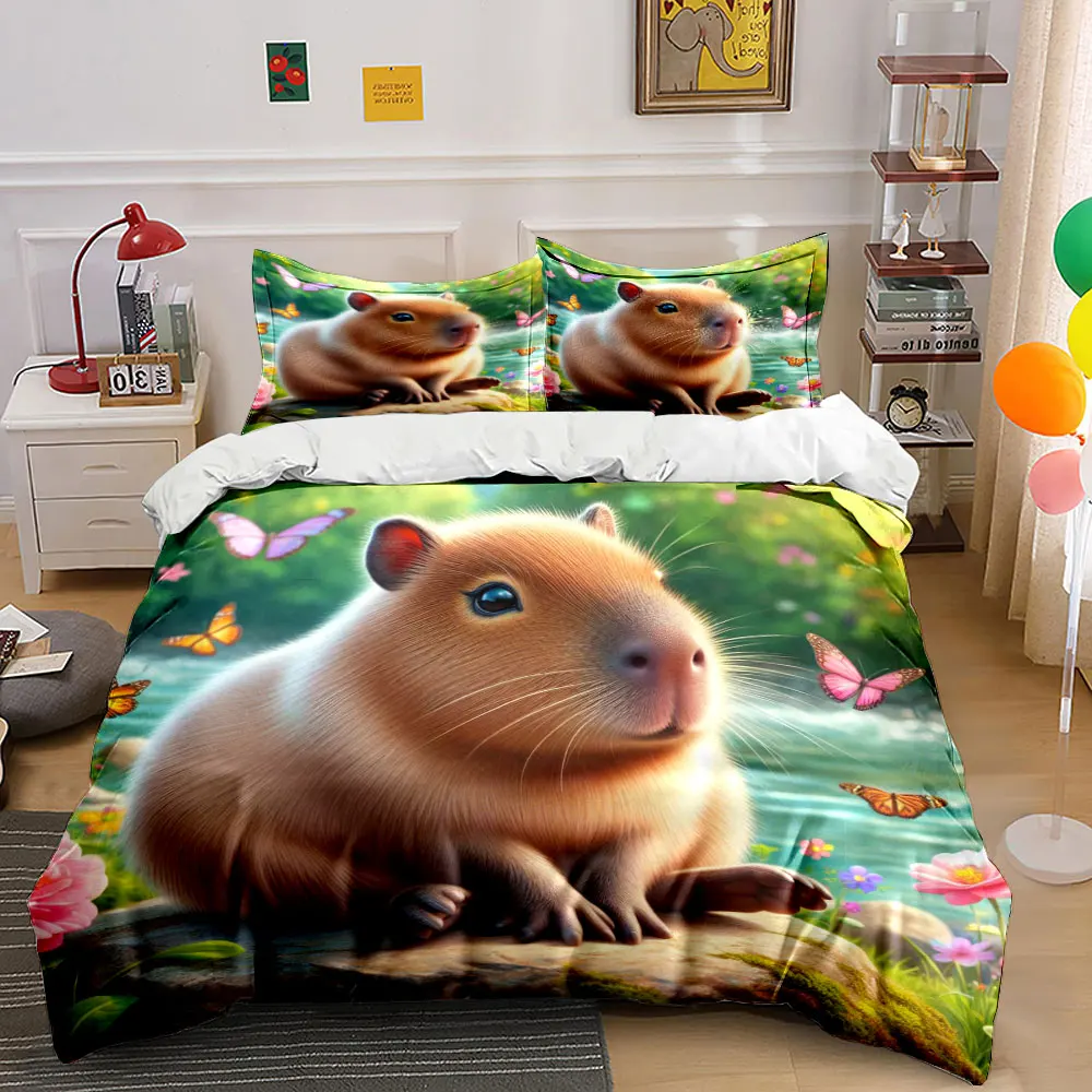 Adorable Capybara with Fluttering Butterflies Print Bedding Set 1 Duvet Cover 2 Pillowcases for Adult and Children Luxury Gift