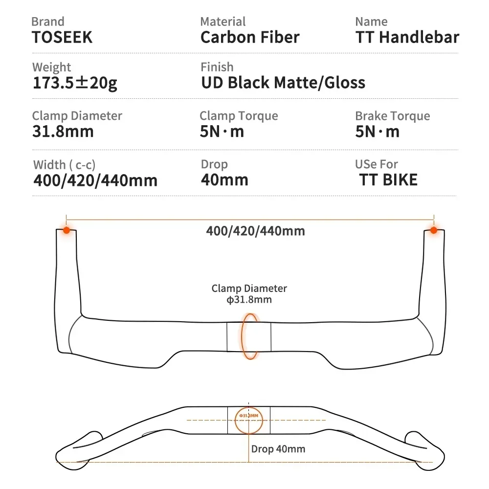 TOSEEK 400/420/440MM TT20 Carbon Fiber Road Bike Handlebar Bicycle Rest Relax TT Handlebar Ultralight Race Bike Rest TT Bar