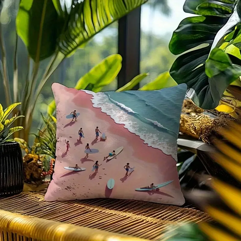 Double-Sided 1pc Square pillowcase Surfing Group and Beach Scene Pattern Soft Polyester Fabric Print Zipper Closure Machine Washable Perfect for Home Decoration Party and Gift Beach Theme Decoration 14x14 16x16 18x18 20x20inch