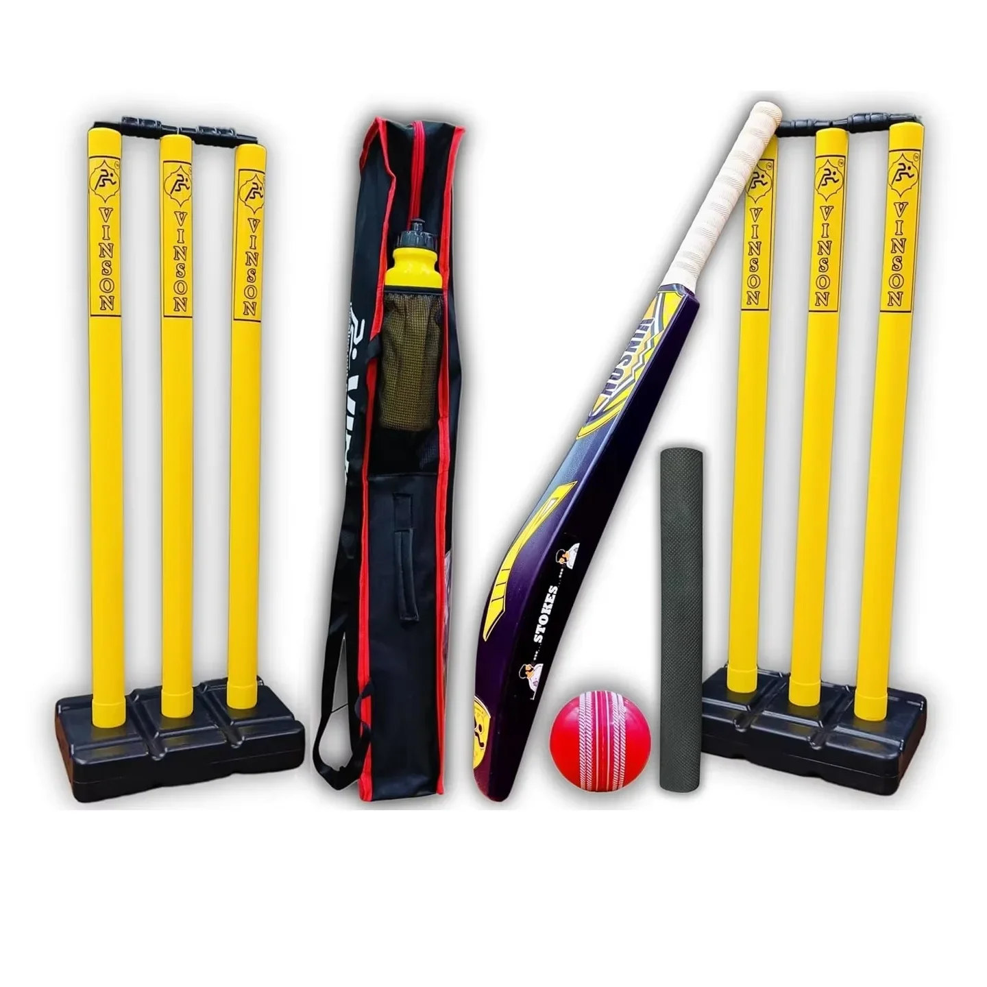 

Heavy-duty plastic cricket bats (850 grams) and a complete cricket set needed for beginners' practice and outdoor games
