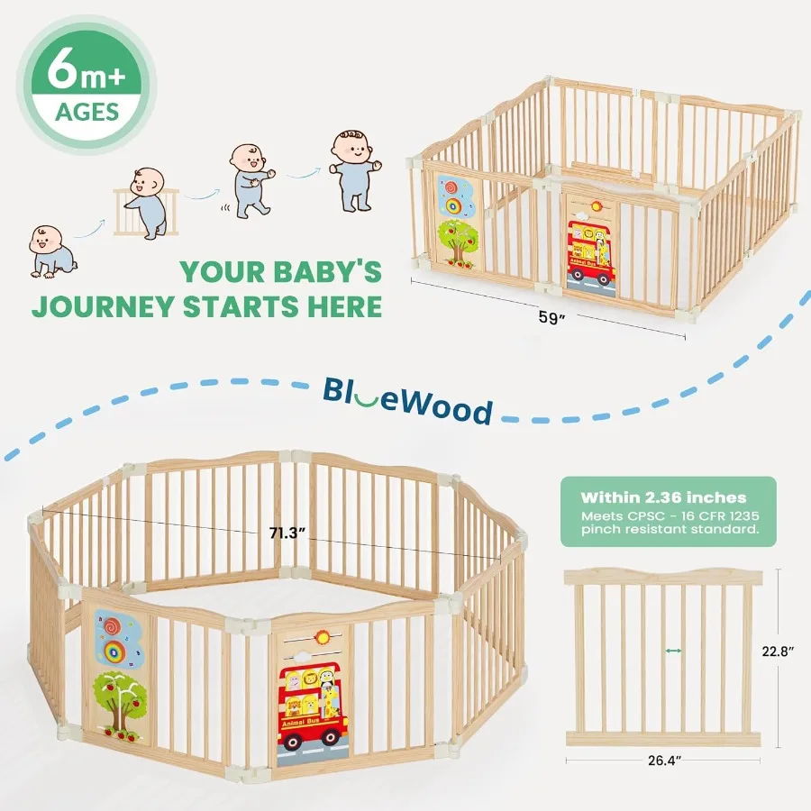 Cercadinho de madeira dobrável – Quintal de brincar de madeira ajustável para bebês com trava à prova de crianças, grande cerca de segurança interna para bebês e crianças pequenas