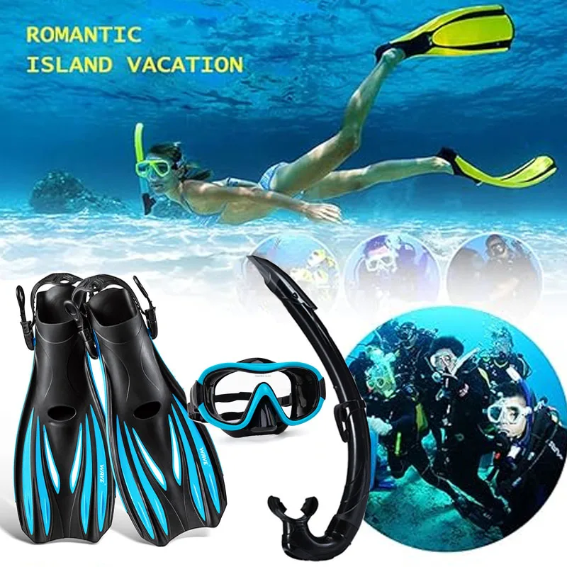 

Snorkeling Gear Mask Fin Snorkel Set Adjustable Yipper Panoramic View Anti-Fog Mask Dry Top Snorkel Snorkeling Diving Swimming