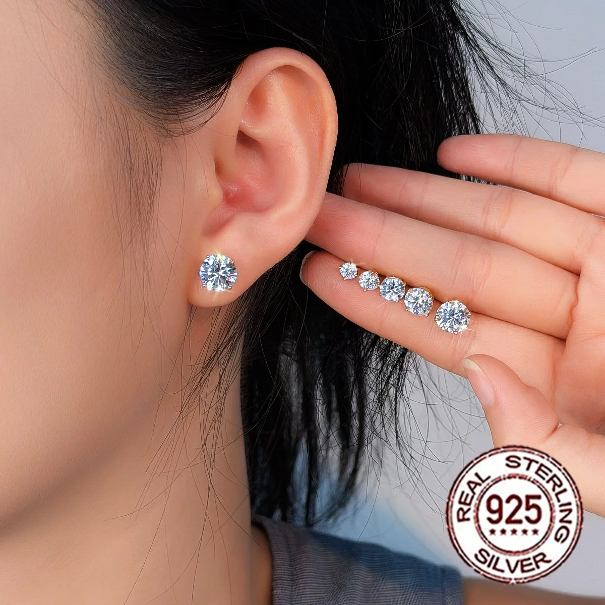CWWZircons Vergoldete 925 Sterling Silber D-Farbe VVS1 Runde Moissanit Ohrstecker 3-8MM Hypoallergener Schmuck Party ME011 – Detail 4