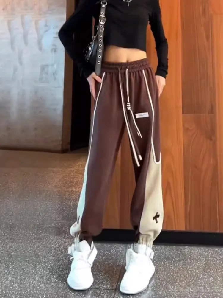 Pantaloni sportivi da donna foderati in Fce Color Blo Pantaloni sportivi larghi Primavera Autunno Inverno Pantaloni lunghi a vita alta