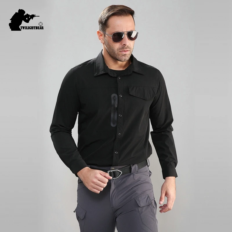 Stretch Men\'s Shirt Multiple Pockets Quick Drying Shirts High Quality Male Elastic Tooling Shirt Men Clothing Casual Shirts AF54