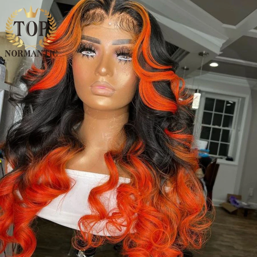 Topnormantic Highlight Orange Color Human Hair Wig with Pre Plucked Hairline 13x6 Lace Front Body Wave Wigs for Women