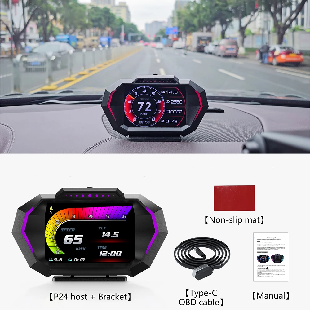 P24 OBD Car Smart Digital Speedometer GPS Head Up Display Overspeed Alarm Tachometer Water Temp Voltage On Board Computer