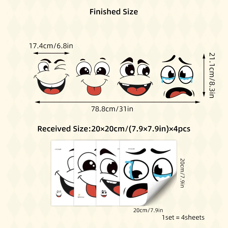4 Sheets Cartoon Face Self-Adhesive Stickers, Home Decor