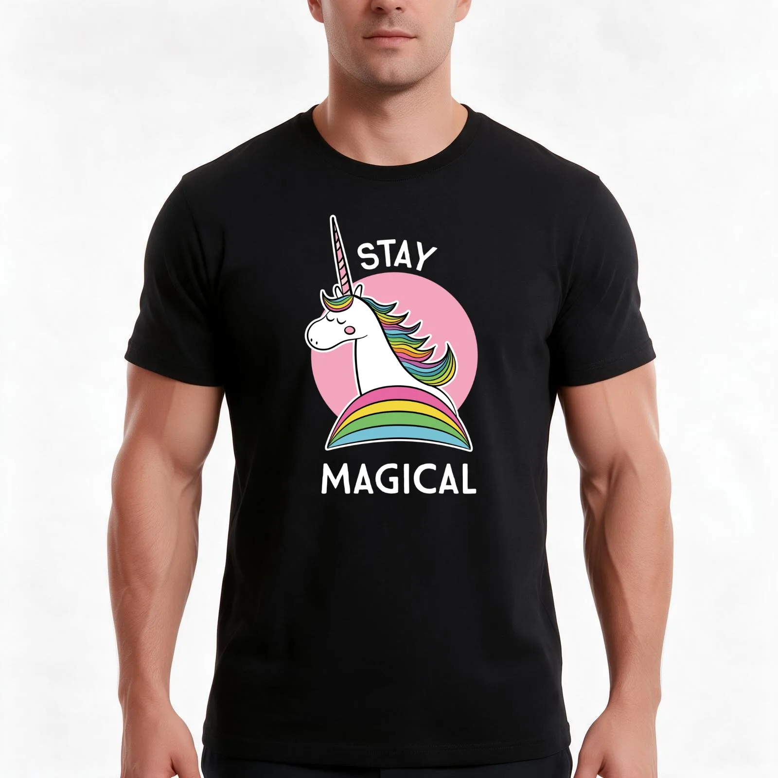 Rainbow Unicorn - Stay Magical T-Shirt, Summer Casual Cotton Tee, Oversized Streetwear Tops, Vintage Graphic Print, 100% Cotton